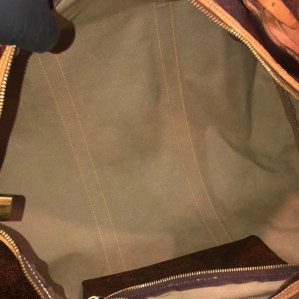 ETRO MILANO Paisley Coated Canvas Vachetta Leather Boston Shoulder Weekend Bag